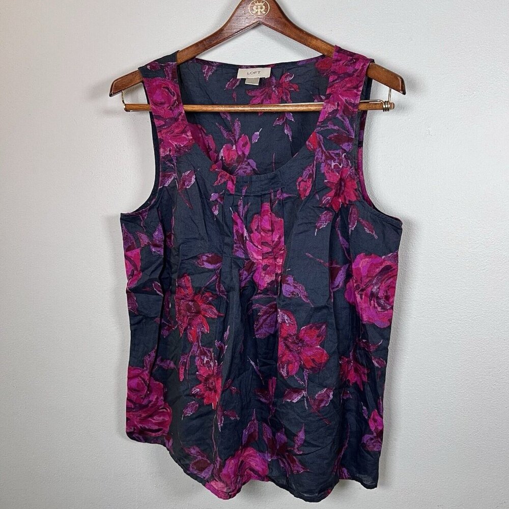 Loft Blouse Women’s Size L Blue & Pink Floral Sleeveless Swoop Neck Semi-Sheer